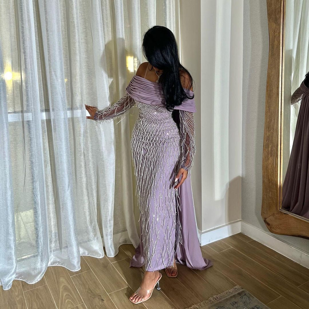 Luxury Tassel Lilac Off Shoulder Evening Dress with Cape SS138