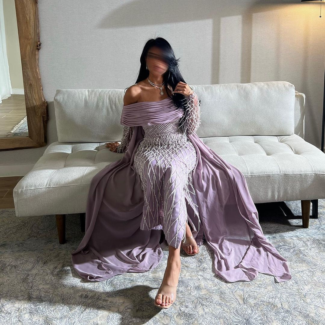 Luxury Tassel Lilac Off Shoulder Evening Dress with Cape SS138
