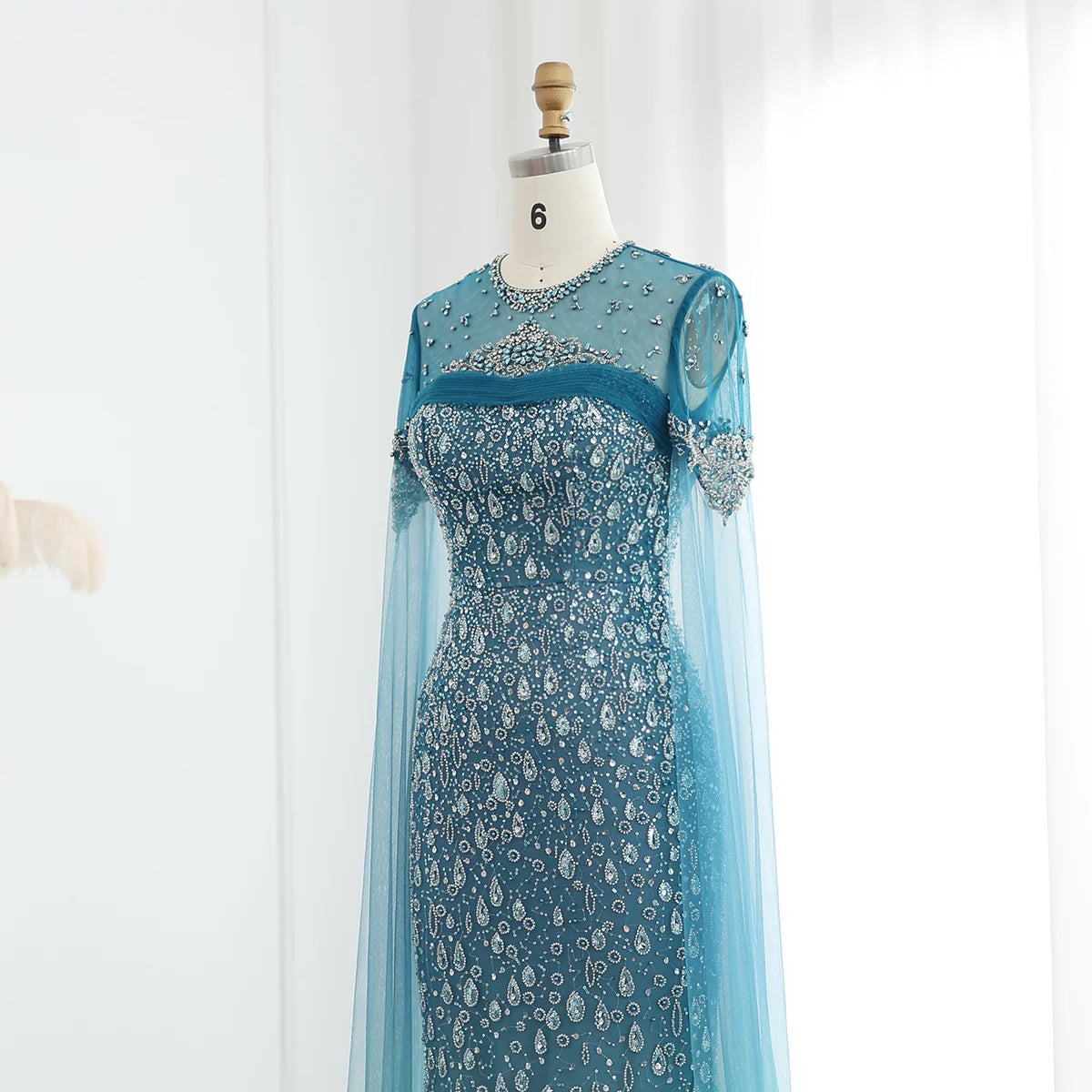 Luxury Turquoise Crystal Evening Dresses with Cape Sleeves SS206