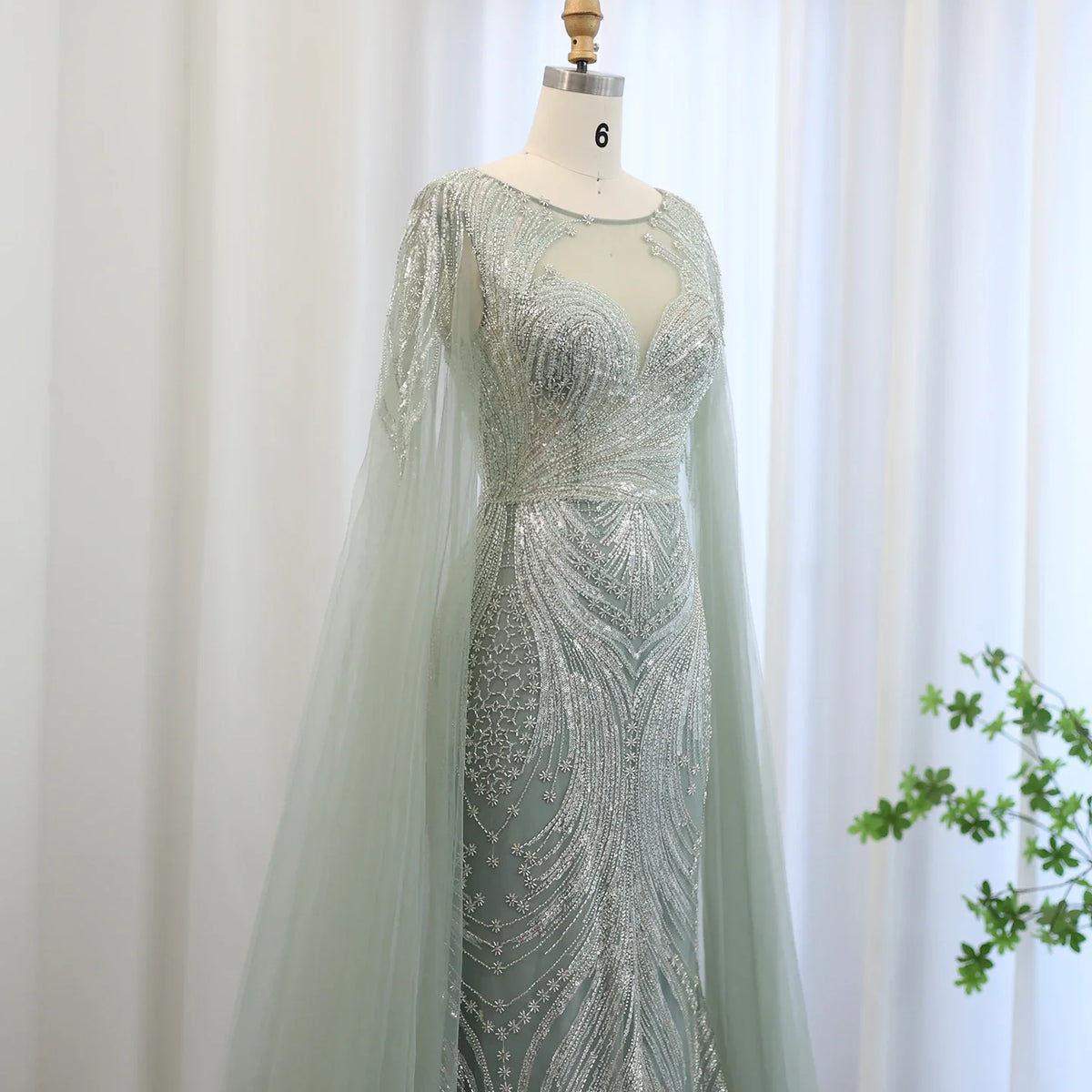 Luxury Yellow Lilac Evening Dress with Cape Sleeves SS049