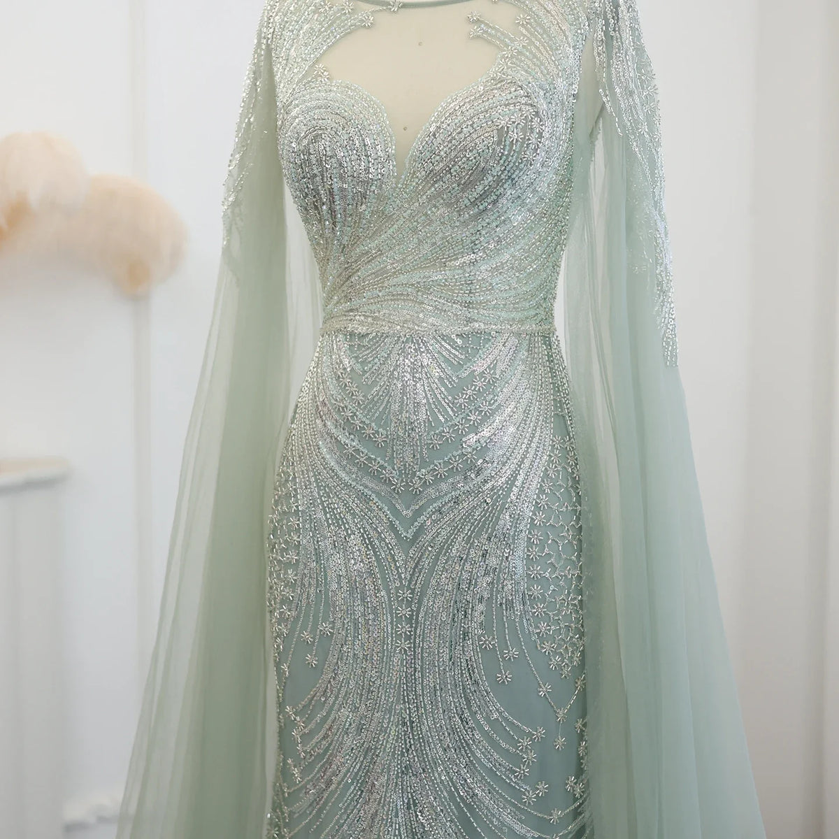 Luxury Yellow Lilac Evening Dress with Cape Sleeves SS049
