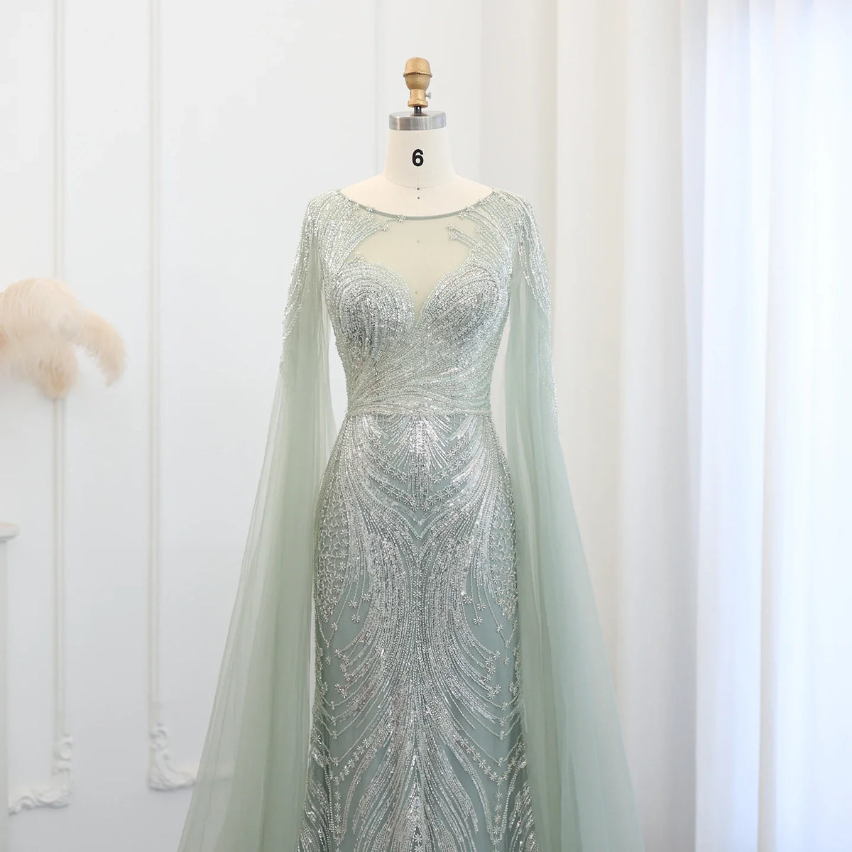 Luxury Yellow Lilac Evening Dress with Cape Sleeves SS049