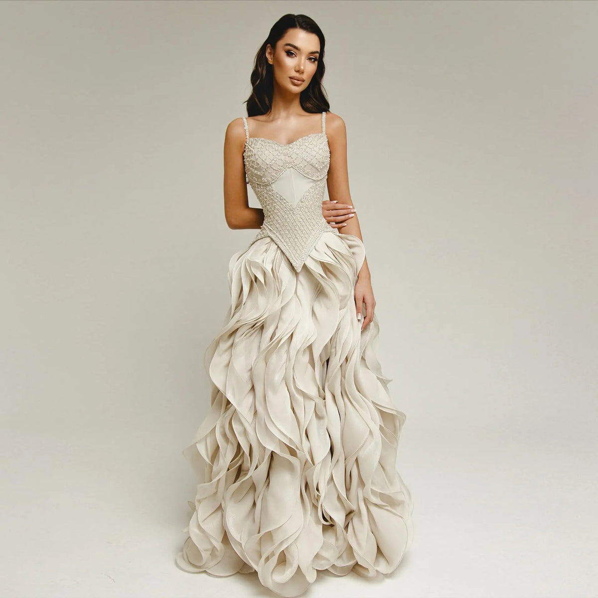 Luxury Beige Beaded Spaghetti Strap Evening Dress with Dramatic Cascading Ruffle Skirt SS257