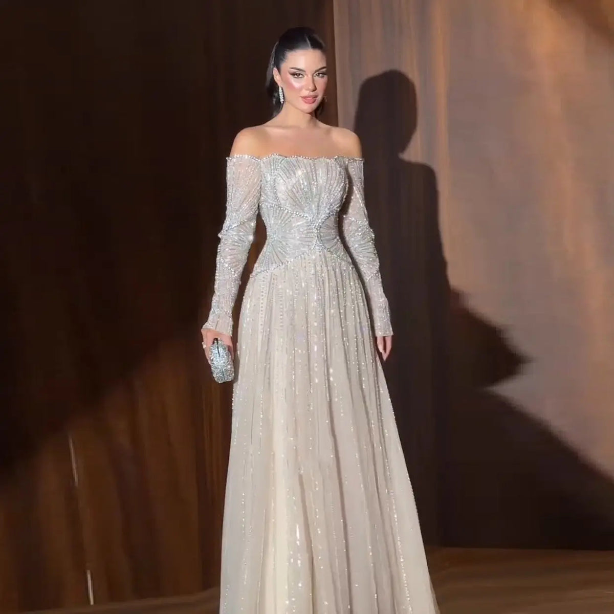 Elegant Crystal Beaded Off Shoulder Evening Dress with off Shoulder SS507