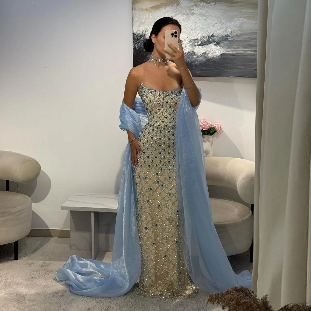 Stunning Blue Cape Crystal Beaded Evening Dress with Choker SS506
