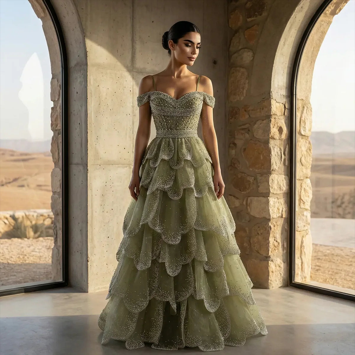 Luxury Green Tiered Ruffle Evening Dress with Beaded Embellishments SS385