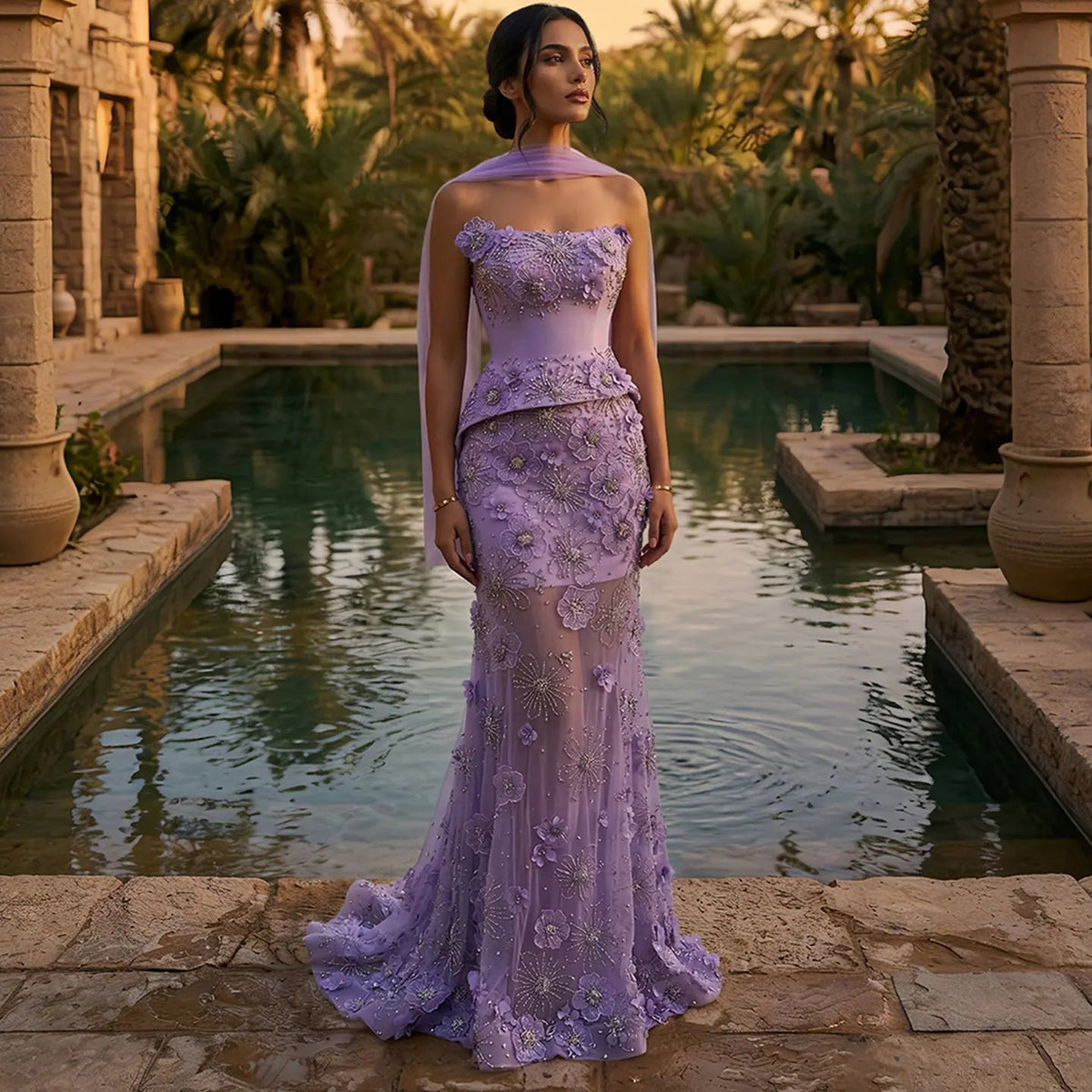 Romantic Lilac Strapless Evening Dress with 3D Floral Lace Appliqués SS415