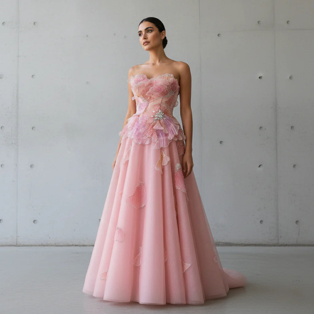 Luxury 3D Floral Beaded Ball Gown Evening Dress with Strapless Design SS749