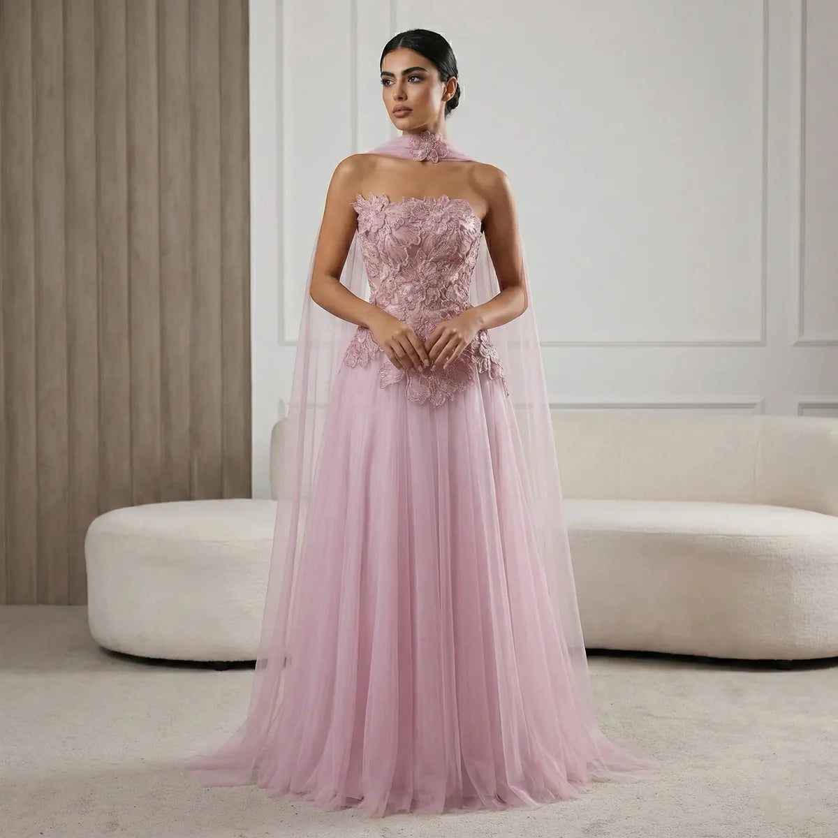 Romantic Strapless Evening Dress with 3D Floral Lace Appliqué and Sheer Shoulder Wrap SS239