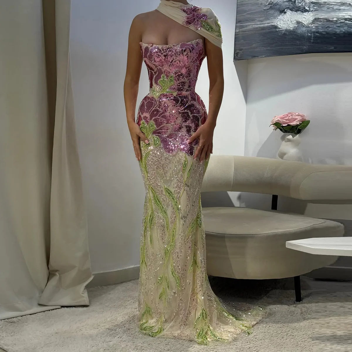 Elegant Purple Green Beaded Sequin with Detachable Cape Floral Embroidered Evening Dress SS511