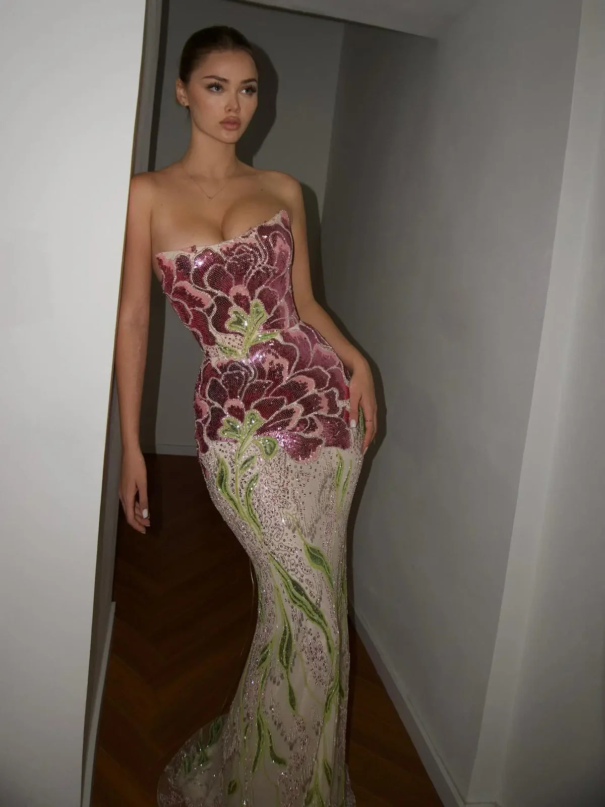 Elegant Purple Green Beaded Sequin with Detachable Cape Floral Embroidered Evening Dress SS511