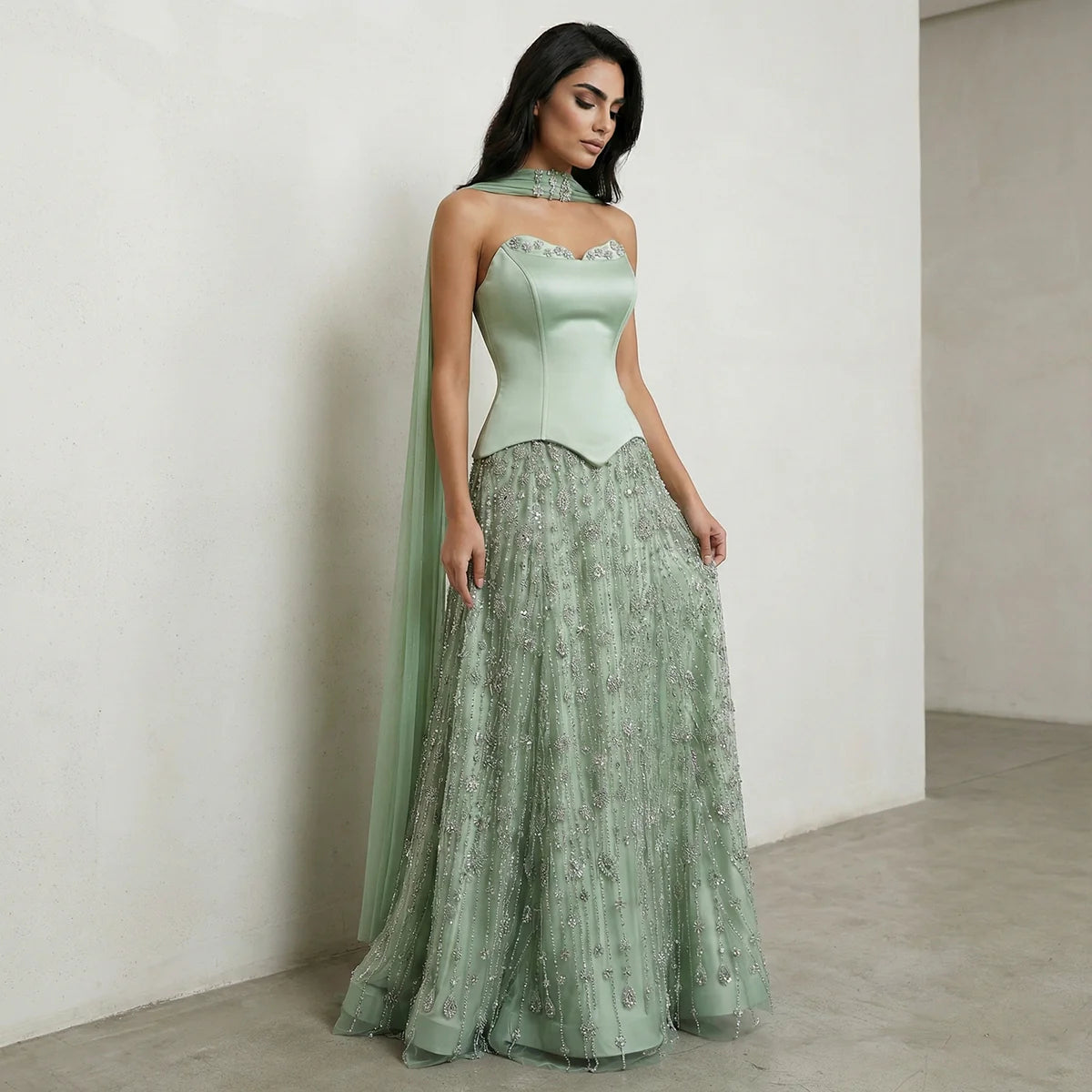 Elegant Strapless Evening Dress with Beaded Fringe Skirt and Matching Shoulder Stole SS627