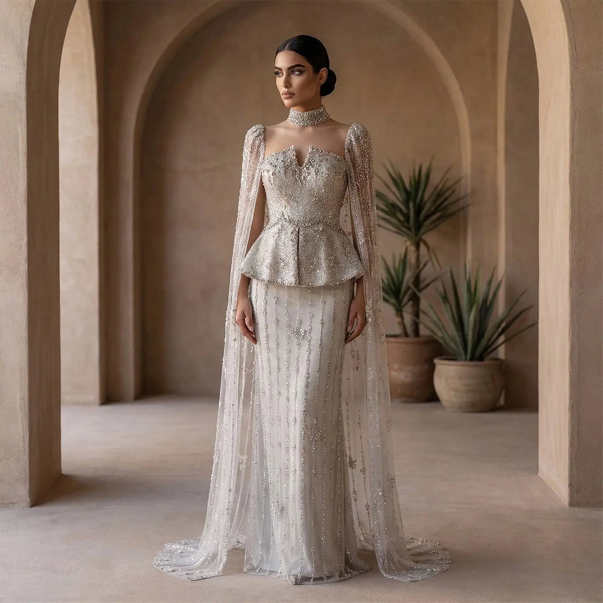 Exquisite Beaded Evening Gown with Dramatic Cape Sleeves SS531