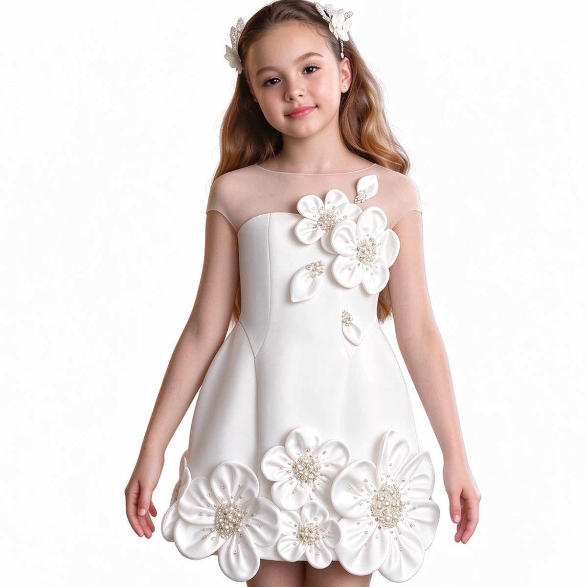M090 white floral girls flower girl dress