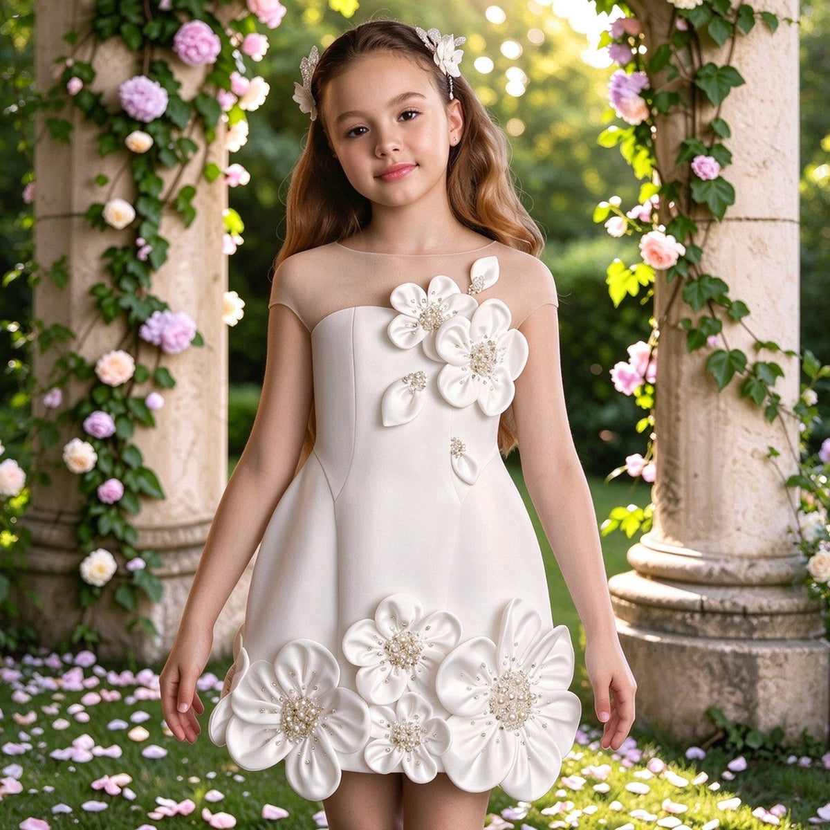 M090 white floral girls flower girl dress