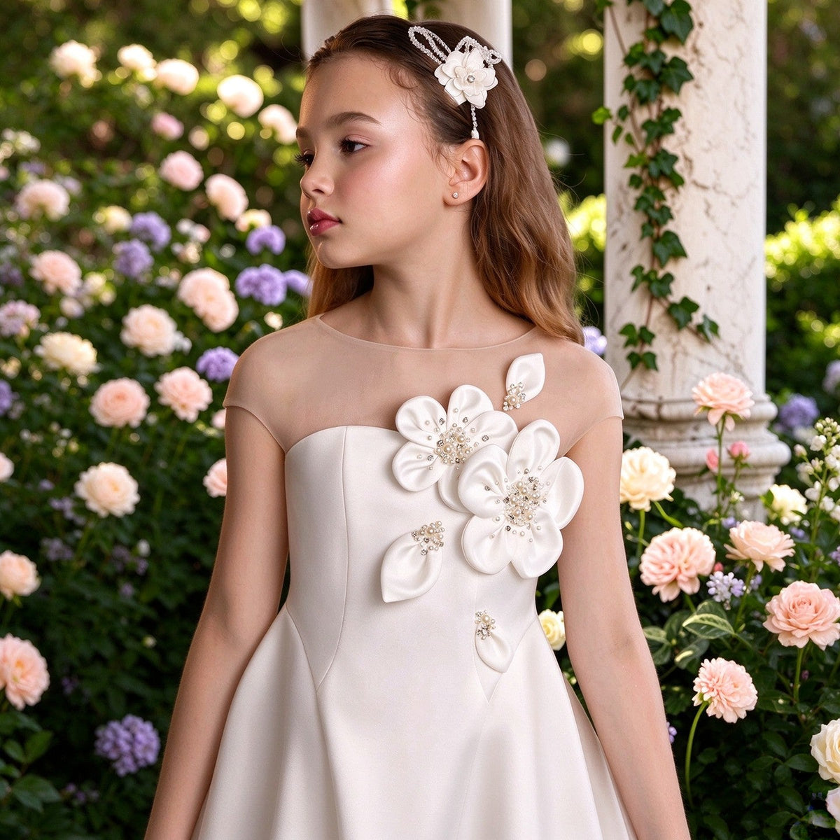 M090 white floral girls flower girl dress