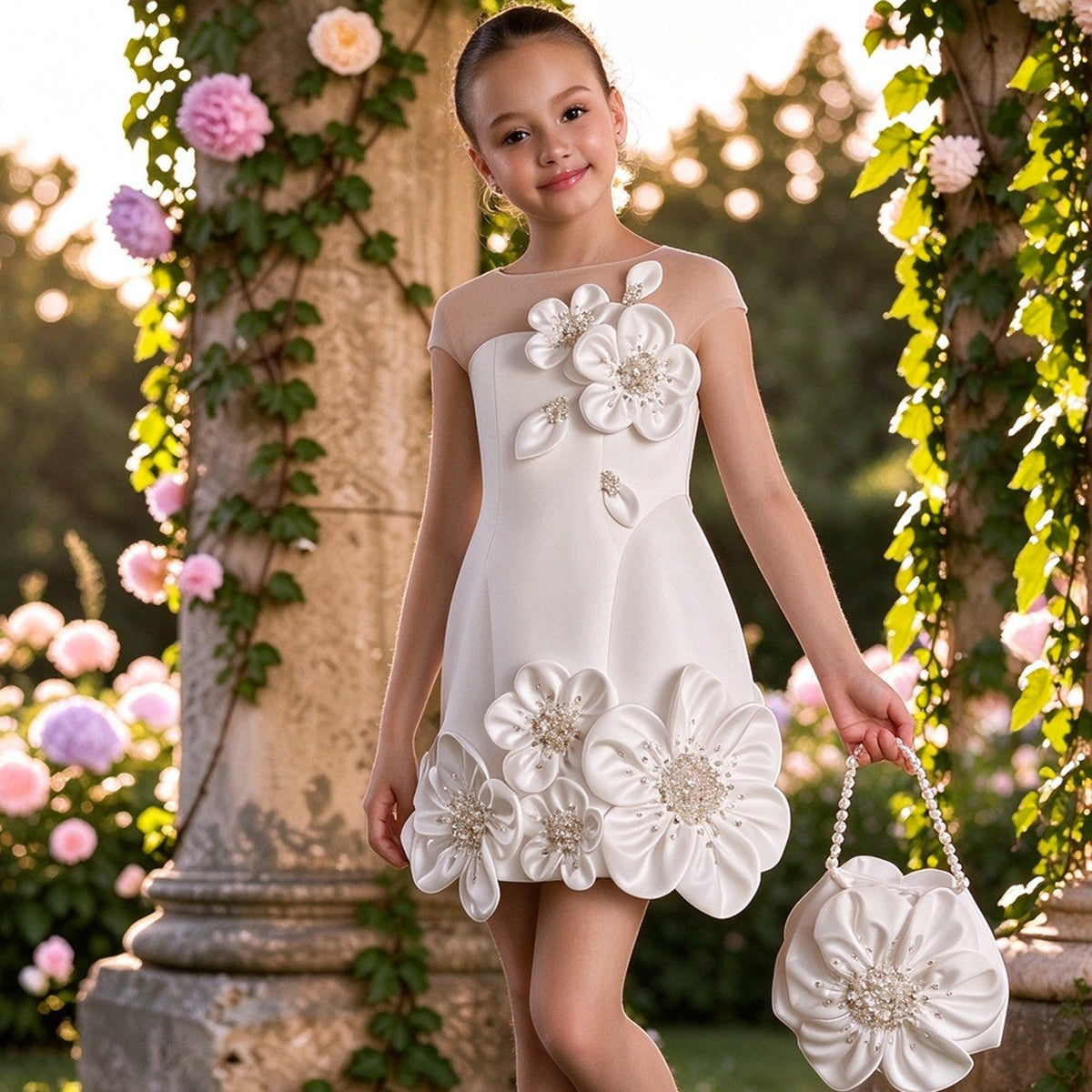 M090 white floral girls flower girl dress