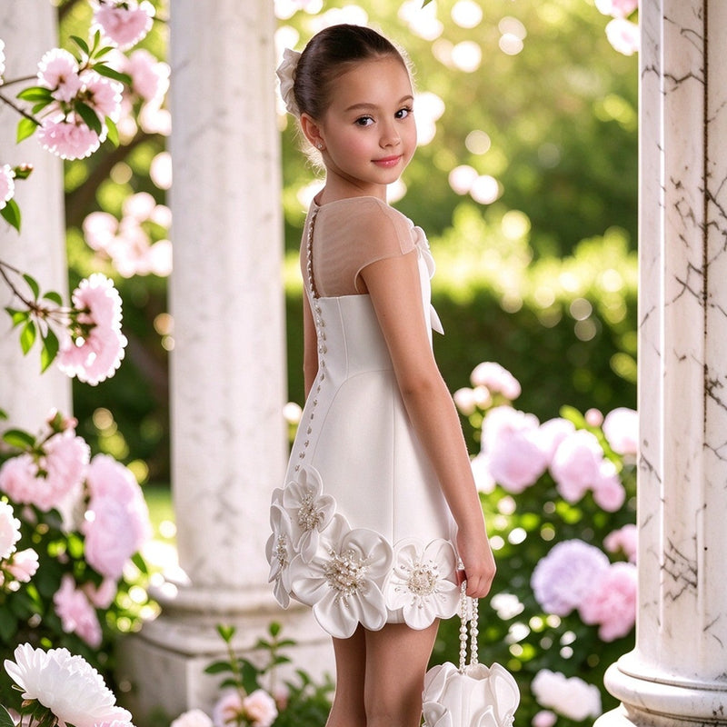 M090 white floral girls flower girl dress
