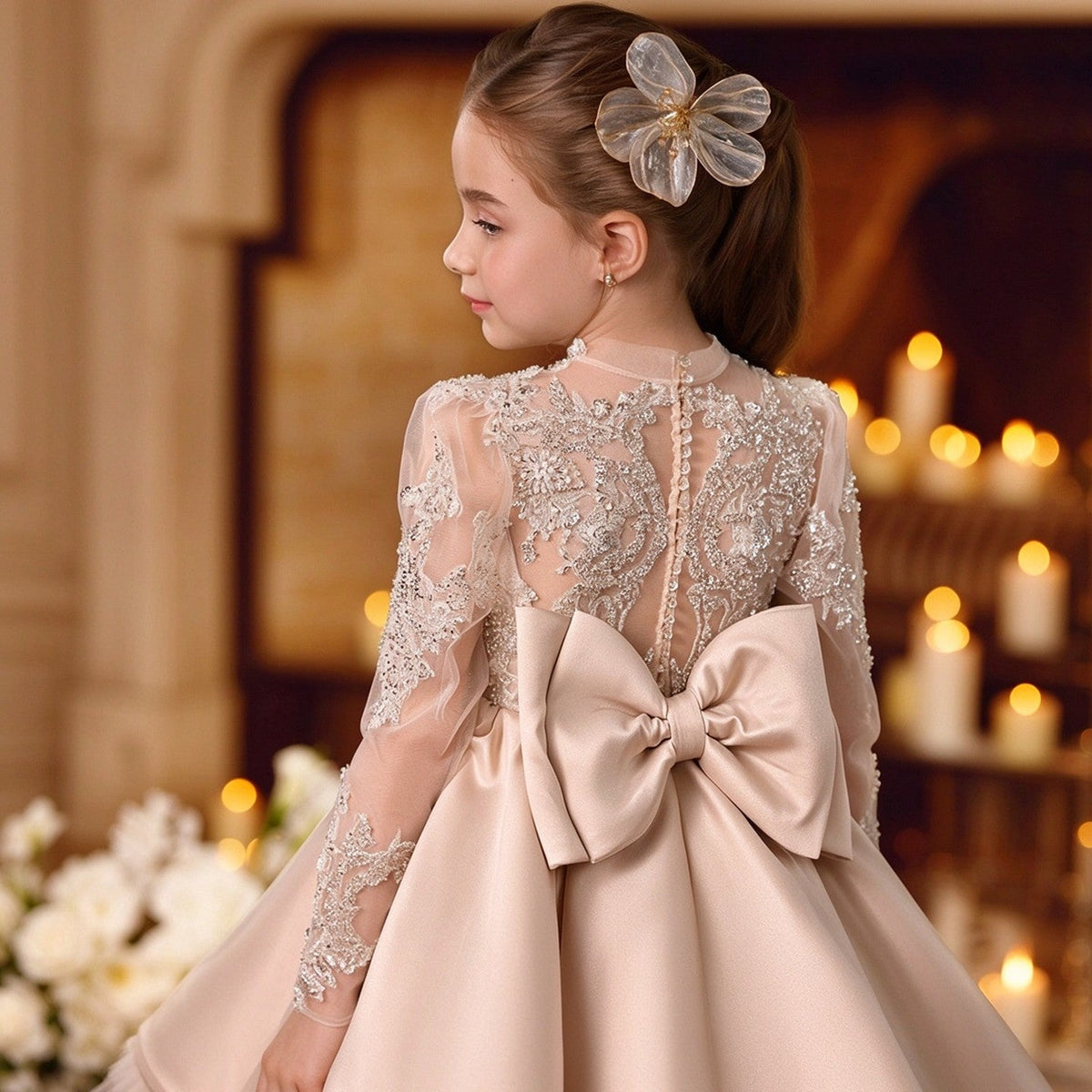 M091 champagne lace girls formal gown