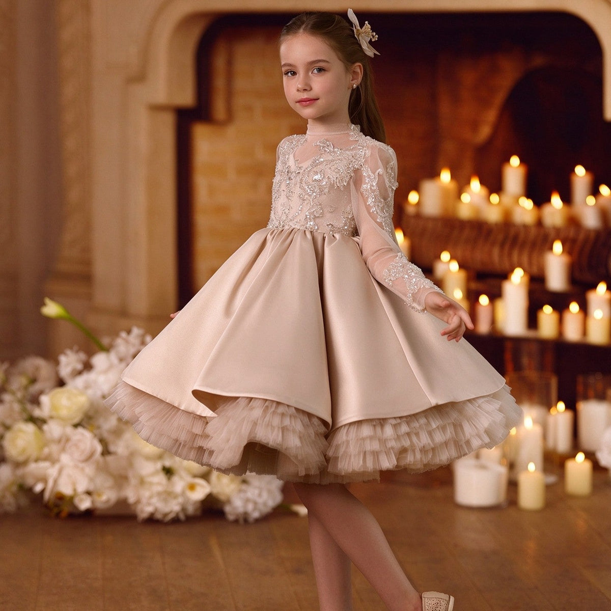 M091 champagne lace girls formal gown