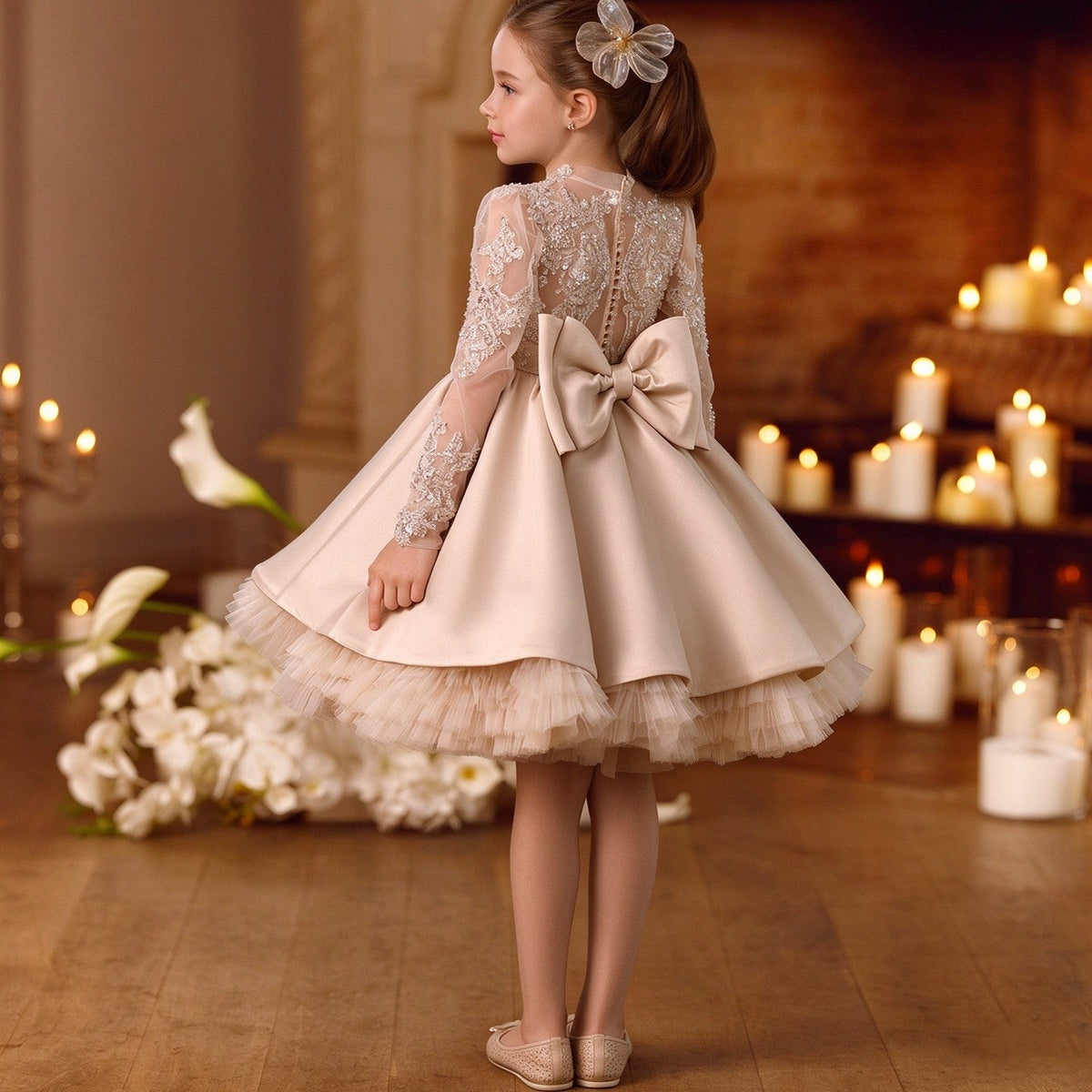 M091 champagne lace girls formal gown