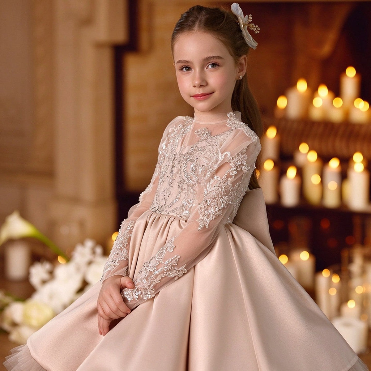 M091 champagne lace girls formal gown