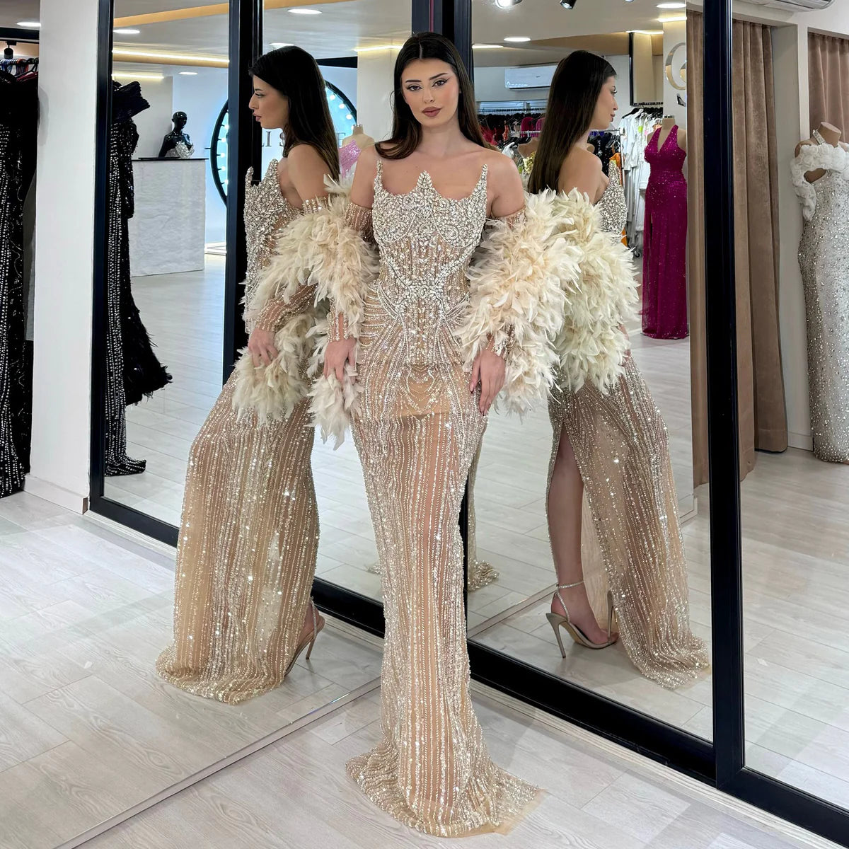 Glamorous Champagne Evening Dress with Feather Cape SS067