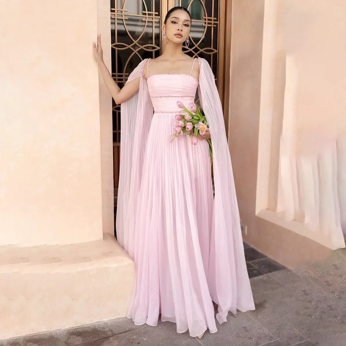 Jill Wish Pink Chiffon Evening Dress with Cape Sleeves SF188