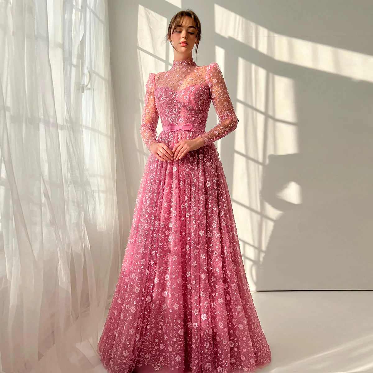 Elegant Pink Evening Gown with 3D Flowers and Ruffle Details SS700