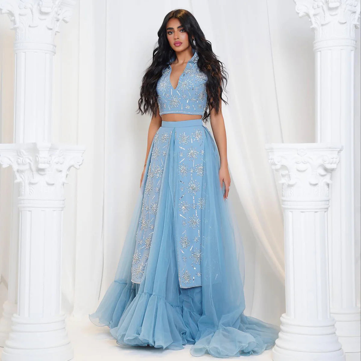 Glamorous Blue Beaded Crop Top and Ruffled Skirt Evening Dress SS597