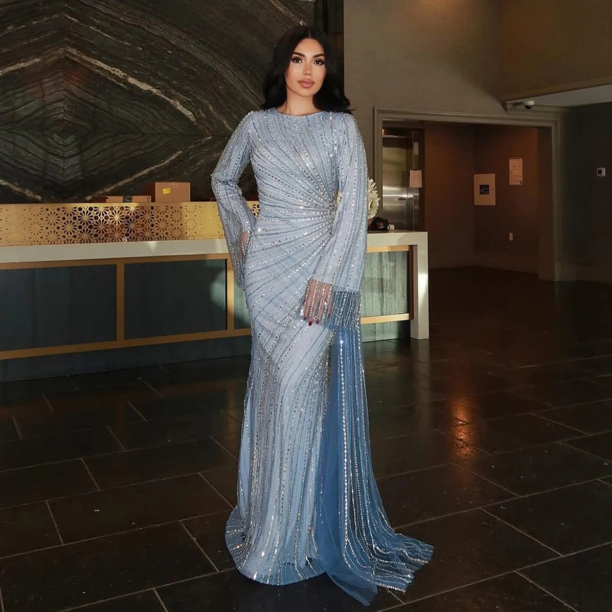Luxury Gray Blue Beaded Long Sleeve Formal Evening Dress SS113