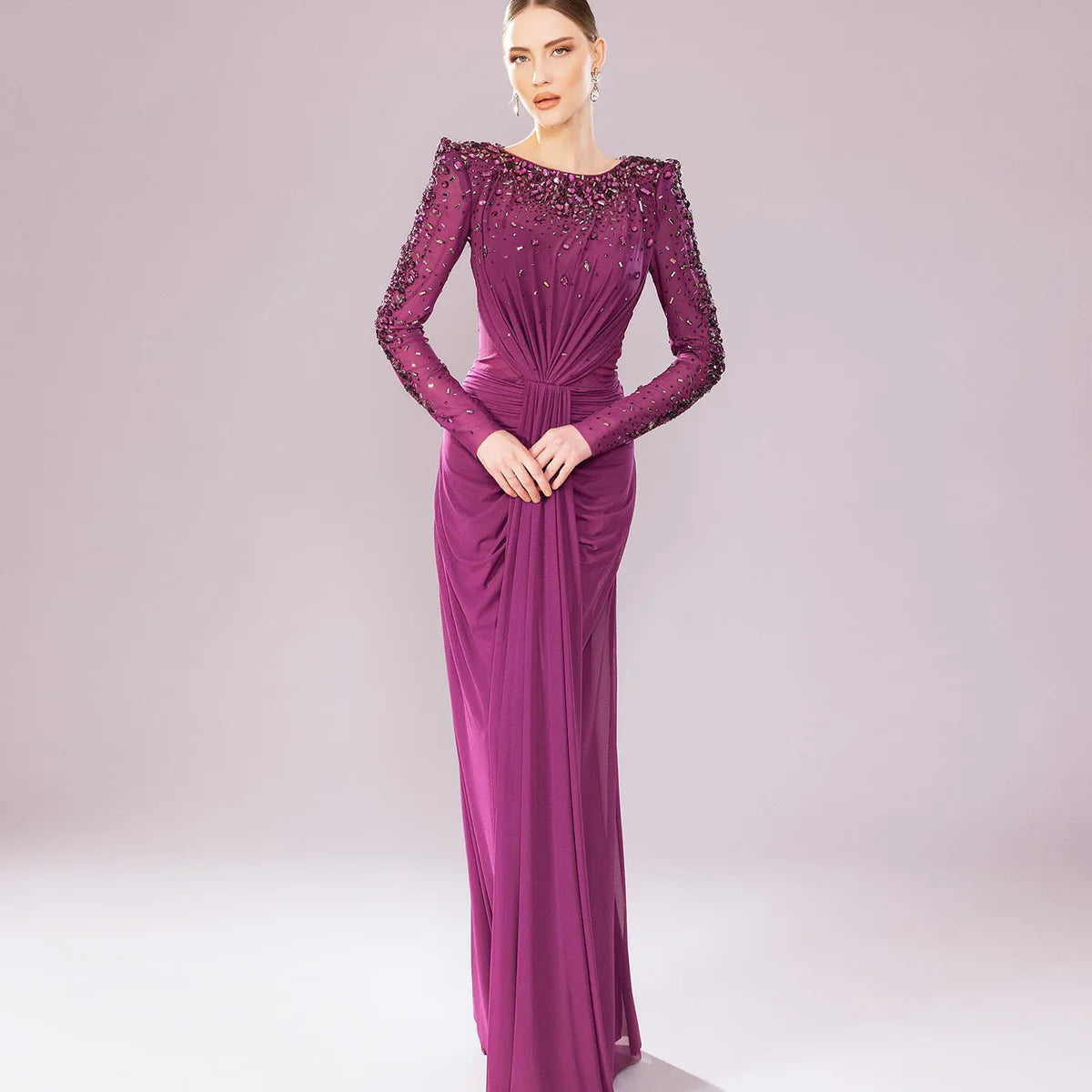 Elegant Beaded Long Sleeve Evening Dress with Crystal Embellishments SS565