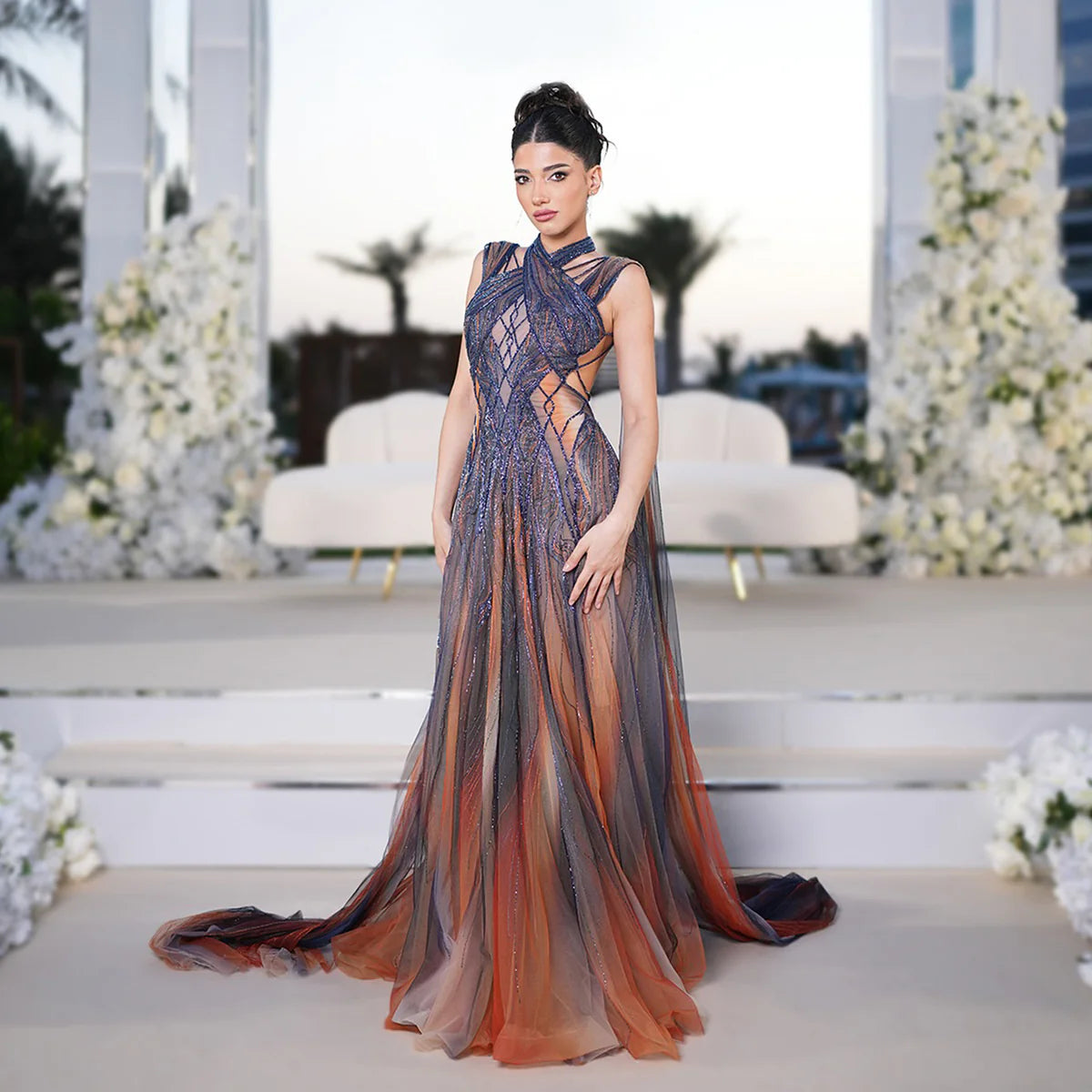 Elegant Silver Beaded Prom Dress with Detachable Cape SS297