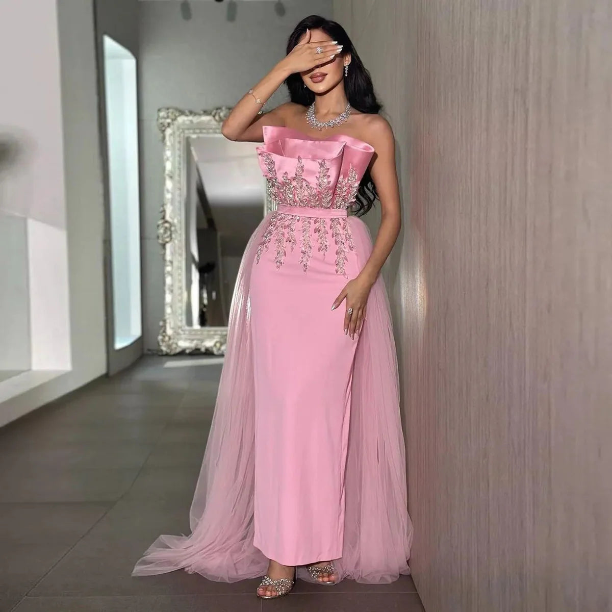 Luxury Pink Crystal Evening Dress with Overskirt SS213