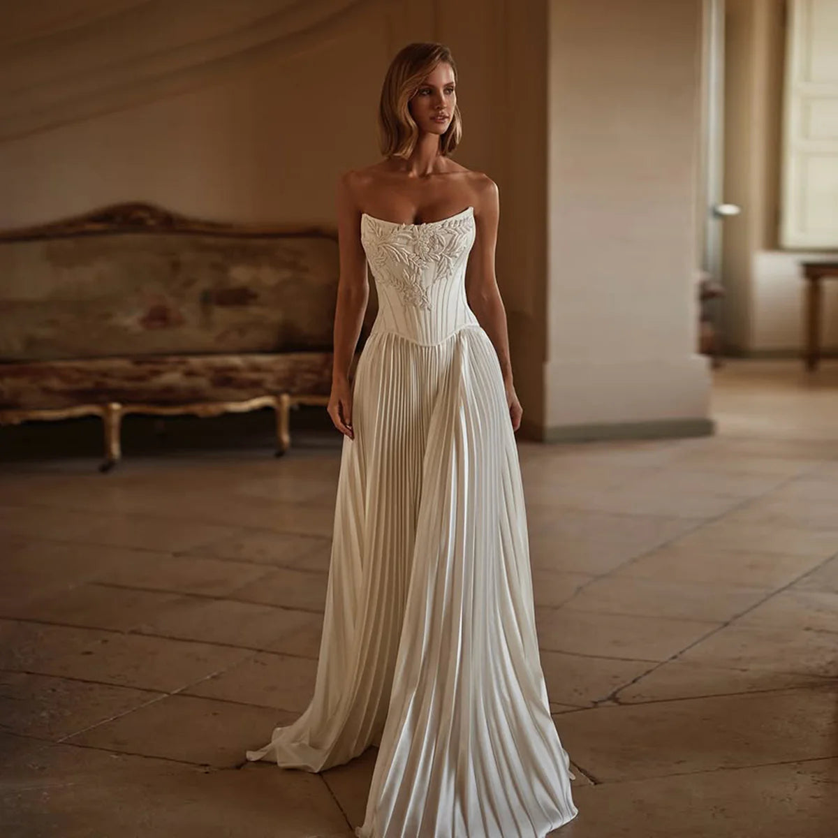Glamorous White Embroidered Bridal Gown with Beads and Tiered Ruffles SW513
