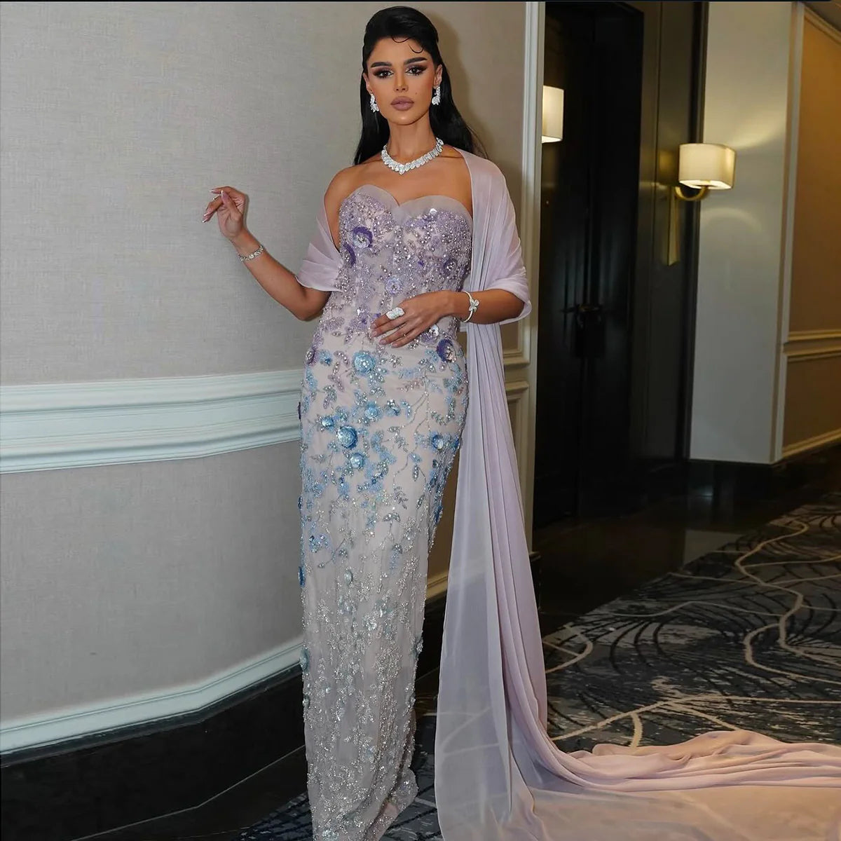 Luxury Lilac Evening Gown with Crystal Beading and Cape SS641