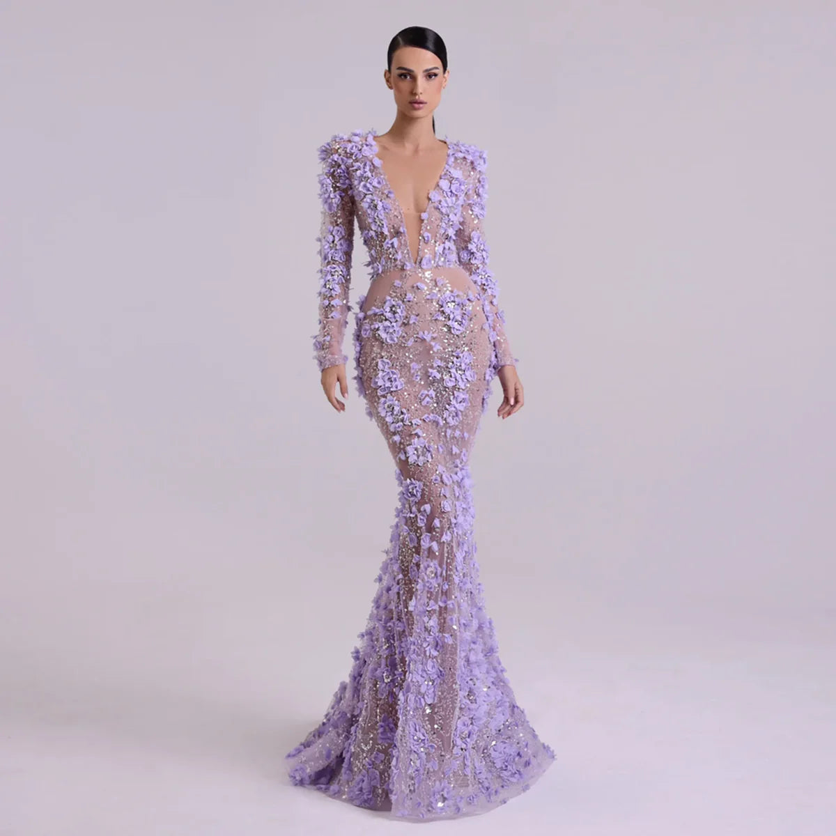 Ethereal Lavender Embroidered with Cascading Ruffle Train Evening Dress SS637