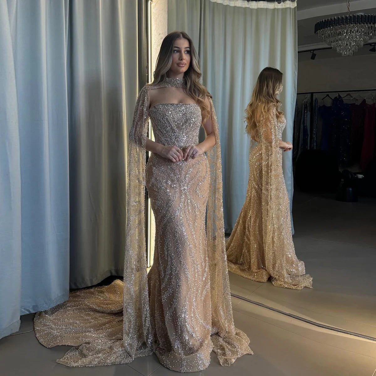 Luxury Beaded Mermaid Evening Dress with Flowing Cape Sleeves SS663