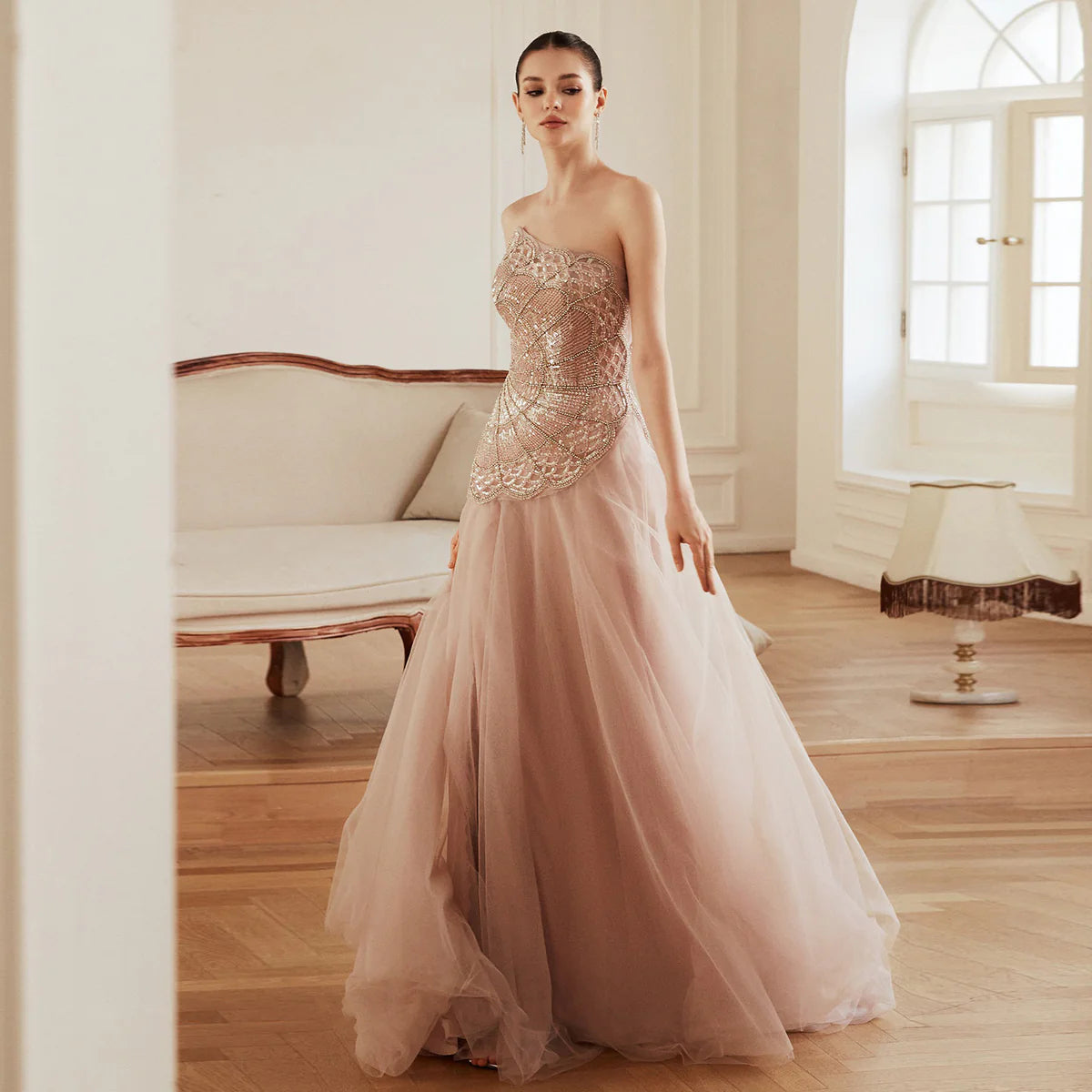 Luxury Pink Sequin Evening Dress with Pearl Beading Evening Dress SS287
