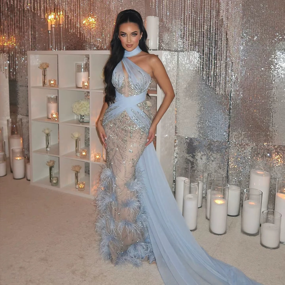 Glamorous Halter Beaded Evening Dress with Feather Flowing Overskirt SS576