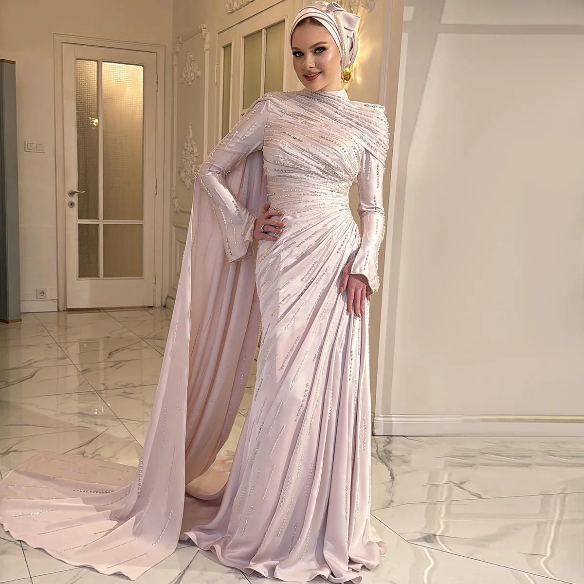 Luxury Pink Beaded Mermaid Evening Dress with Ruffle Details and Cap Sleeve SS412