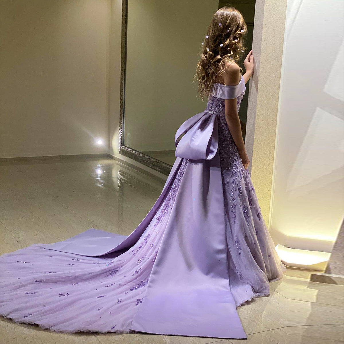 Elegant Lilac Beaded Mermaid Evening Dress with Flowing Overskirt SS556