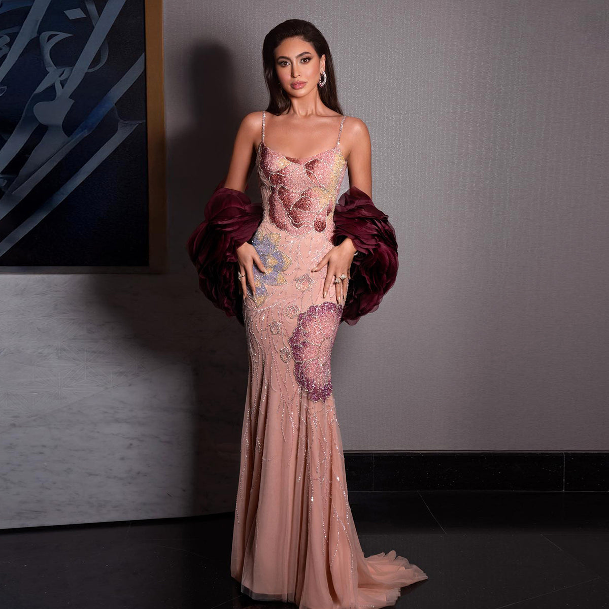 Luxury Pink Beaded Spaghetti Strap Evening Dress with Burgundy Cape SS515