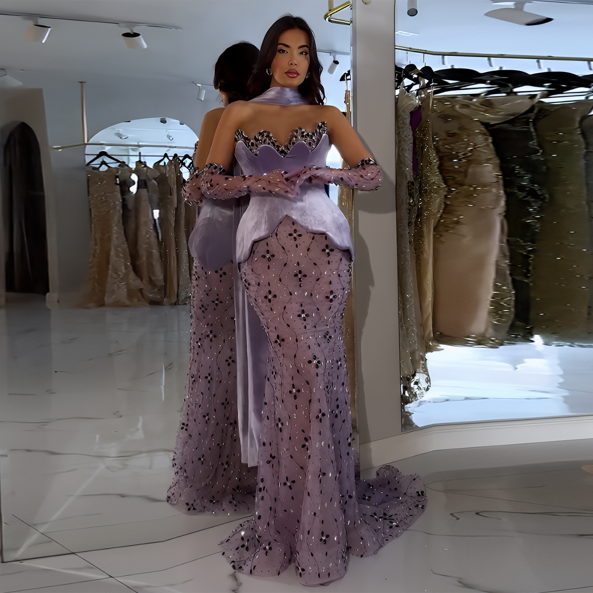 Purple Beaded Two Piece Evening Dress with Scarf SS269