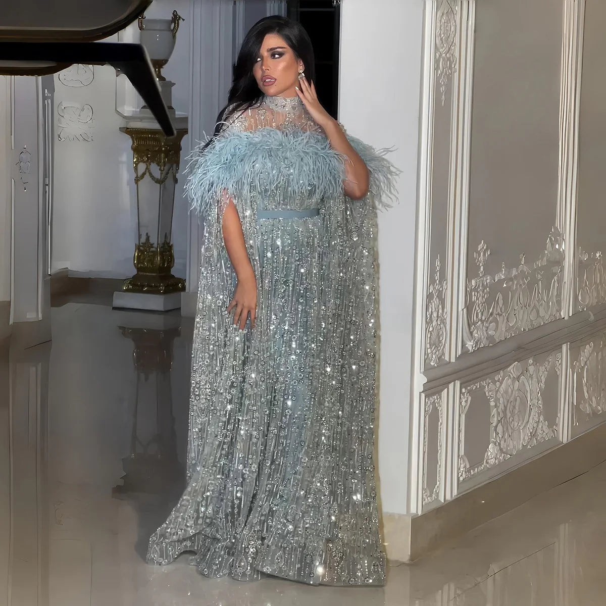 Luxury Blue Beaded Kaftan Evening Dress with Feather Cape Sleeves SS665