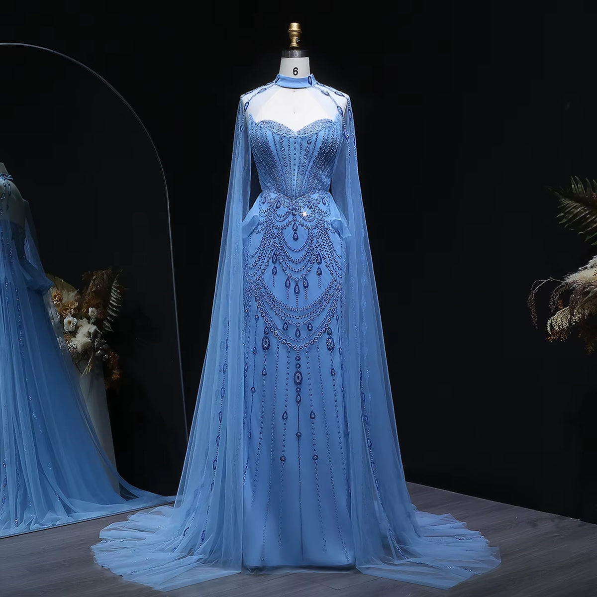 Elegant Blue Beaded Formal Dress with Flowing Cape and Overskirt SS092