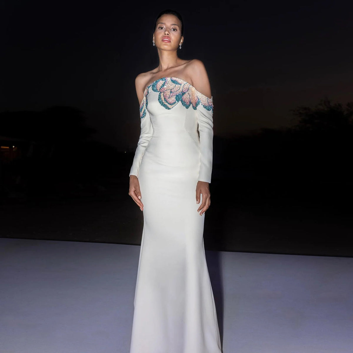 White Off Shoulder Beaded Evening Dress SS512