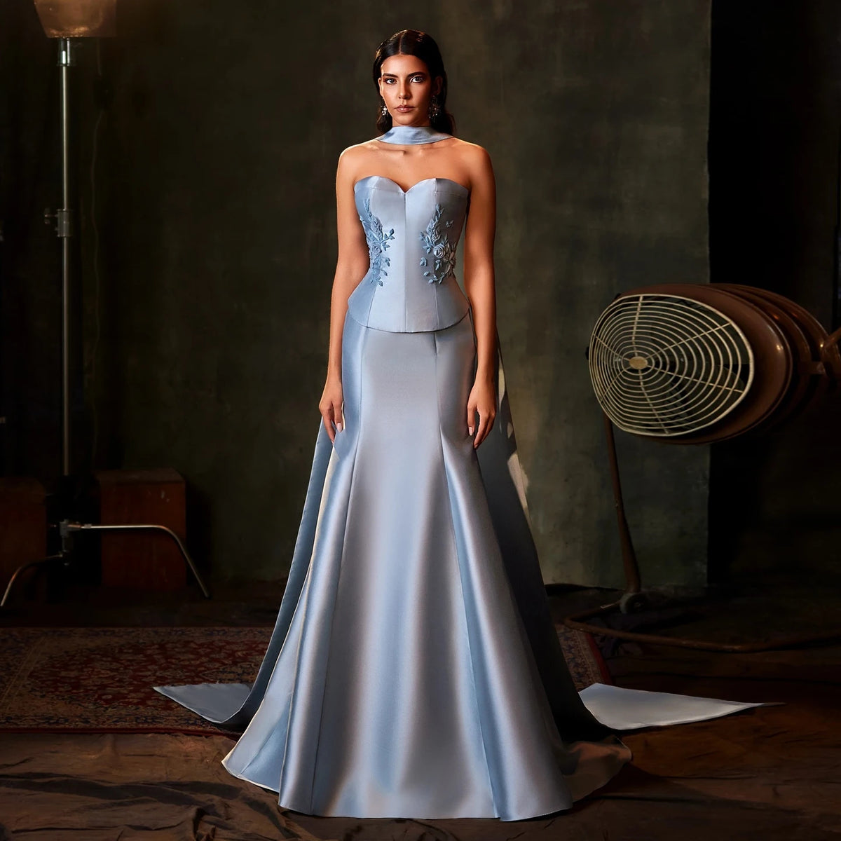 Elegant Blue Satin Mermaid Arabic Wedding Gown SS245
