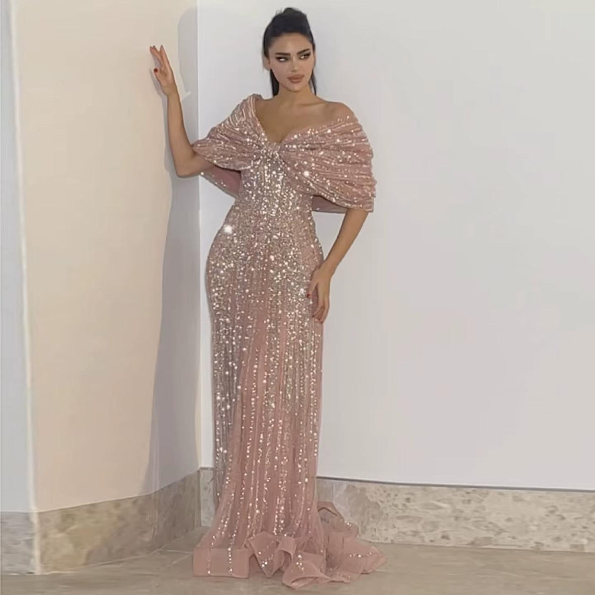 Blush Pink Off Shoulder Sparkly Evening Dress SS064