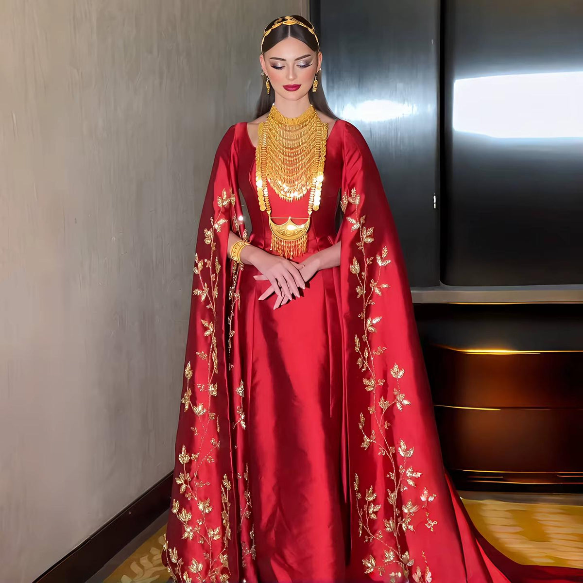 Red Evening Dress with Gold Embroidery and Cape Sleeves SS568